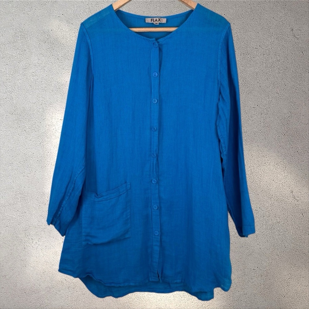 Flax Button Down Oversized Tunic Blouse Dress‎ Blue Sz M Linen Cotton Lagenlook
